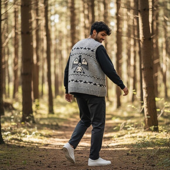 Handmade Cowichan Wool Vest with Eagles - Vintage - Men’s XL - Picture 3 of 12